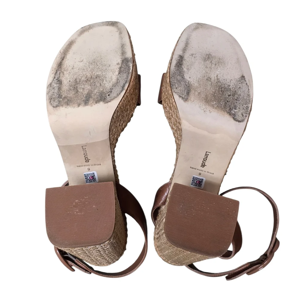LARROUDE VERONA DOLLY PLATFORM HEEL CARAMEL/RAFFIA 9
